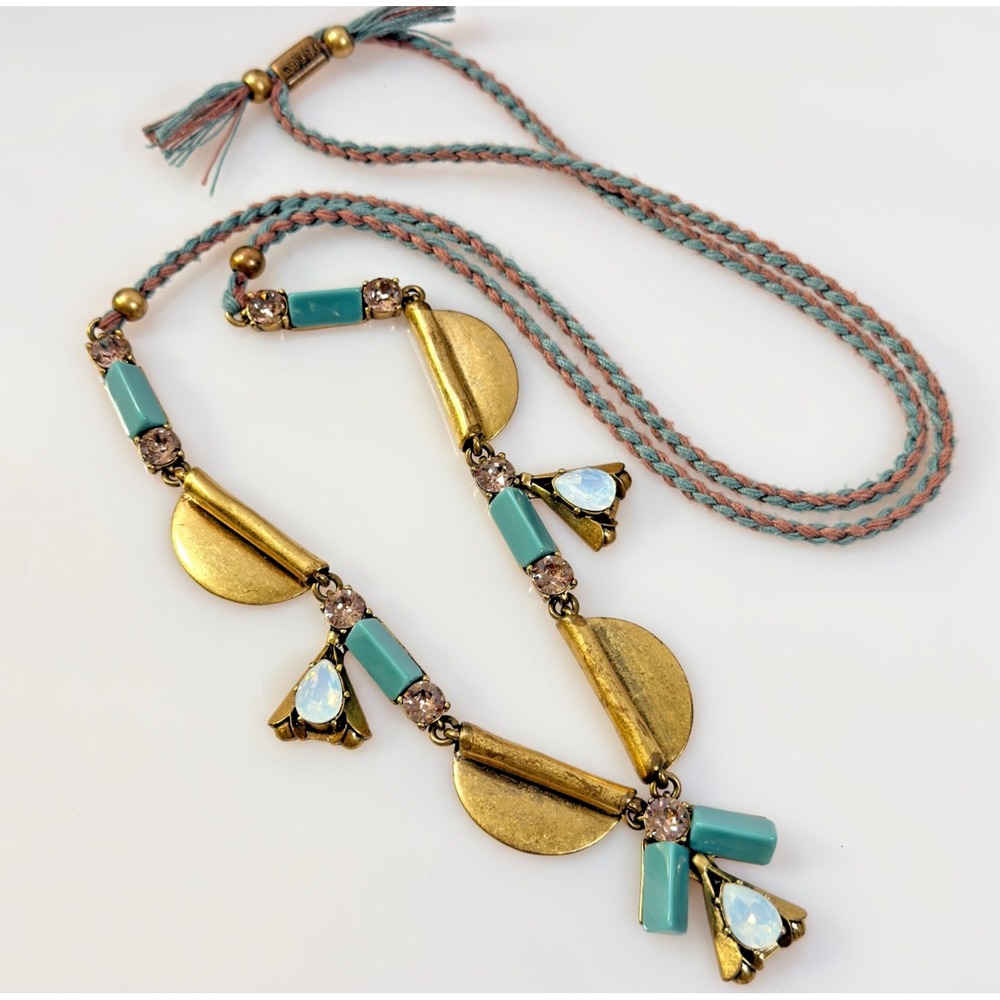 J Crew Statement Necklace Turquoise Blue Opalescent Crystal Gold Tone 32"